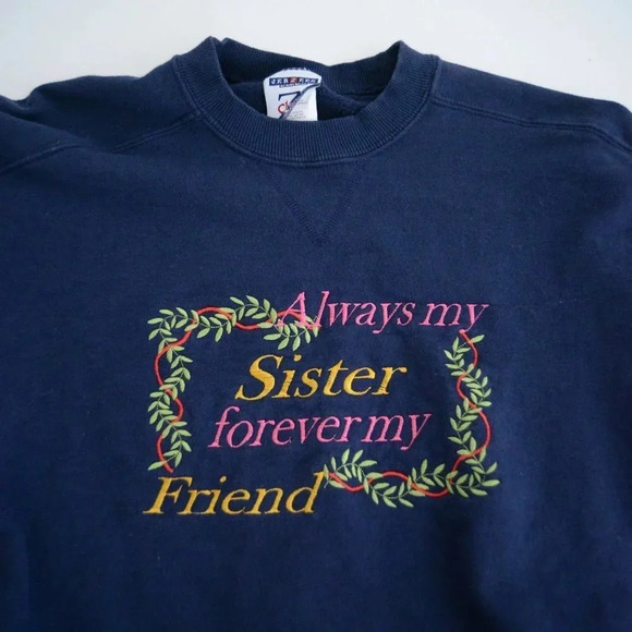 Vintage Lerzees Activewear Always My  Sister Forever Friends Navy Sweater M - Picture 9 of 11
